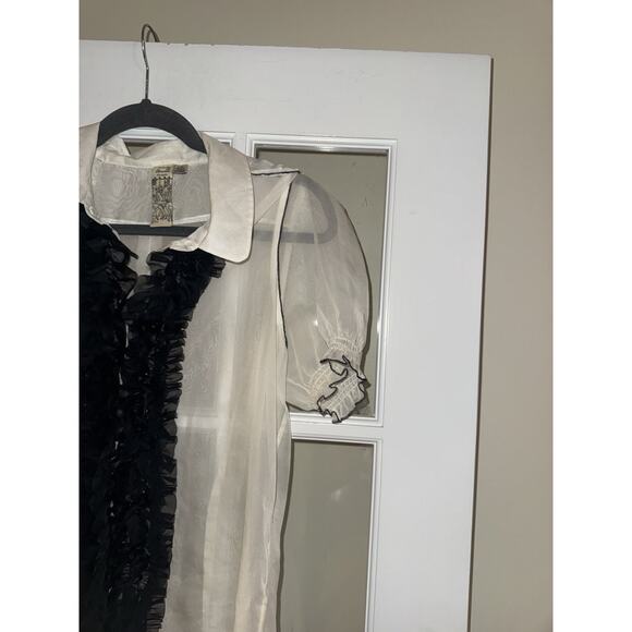 Twelve By Twelve Ruffle Button Top Large White Black Sheer Romantic Blouse Vamp - Picture 3 of 5